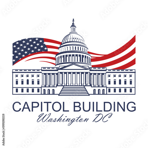 United States Capitol building icon in Washington DC and flag isolated on white background
