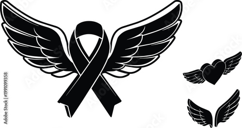 Black ribbon with spread wings silhouette vector art flat black and white