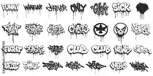 Set of urban street art graffiti tags and dripping words vector illustration