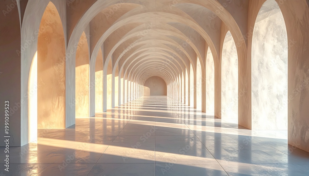 Obraz premium Long corridor with arches and sunlight.