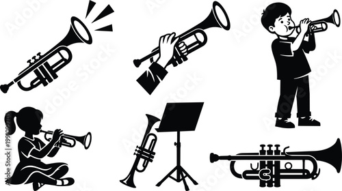 Black and white trumpet icons with children playing and music stand set
