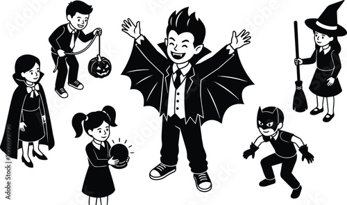 Children in halloween costumes vampire with wings girl with crystal ball and witch with broom
