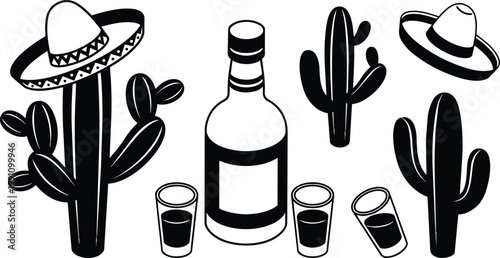 Black and white vector cactus with sombreros tequila bottle and shot glasses in landscape
