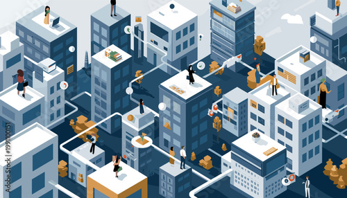 A minimalist, isometric illustration of city buildings.  Perfect for representing urban environments, business concepts, or modern design projects wit