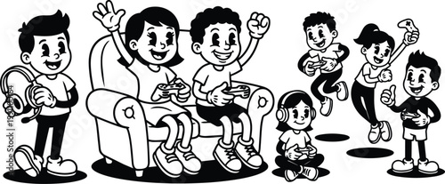 Black and white cartoon kids playing video games on couch with controllers
