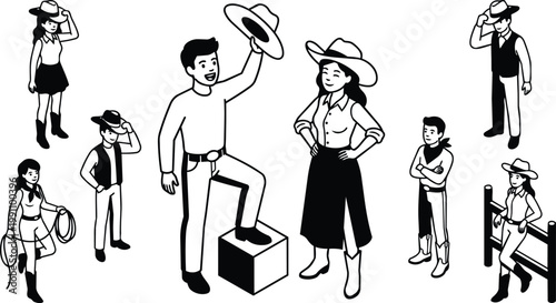 Black and white vector art cowboy and cowgirl group tipping hats lasso and boots in line art