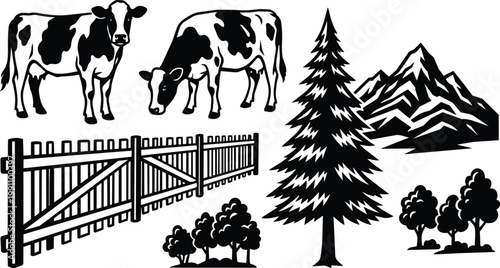 Black and white vector pine tree mountain fence and two dairy cows grazing clip art