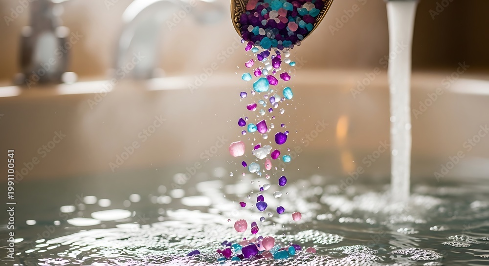 Fototapeta premium A spoon pouring colorful crystals into a sink filled with water in a modern kitchen