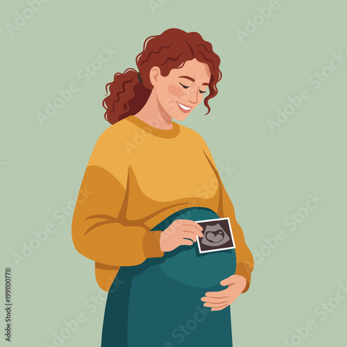 A joyful expecting mother smiles as she holds her ultrasound photo close to her baby bump, celebrating the anticipation of motherhood in a warm and loving atmosphere.