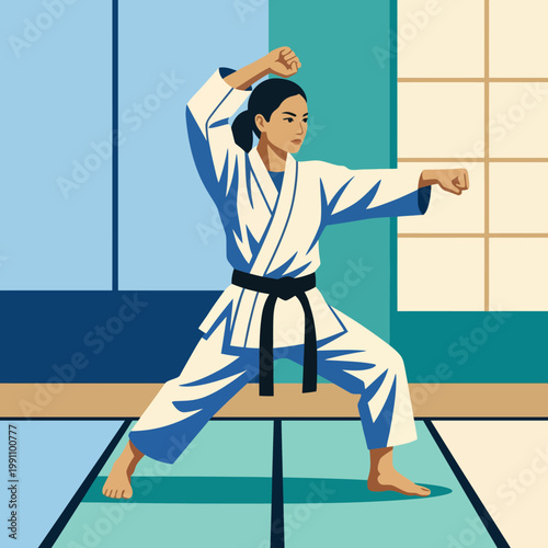 A karate practitioner strikes a pose in a traditional dojo, showcasing her skills. This image captures the spirit of martial arts, discipline, and focus.