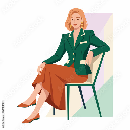 A fashionable woman poses elegantly on a chair, portraying a blend of modern sophistication and style in a vibrant digital illustration.