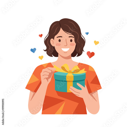 A cheerful woman unveils a beautifully wrapped gift, radiating happiness and excitement, surrounded by hearts symbolizing joy and affection.