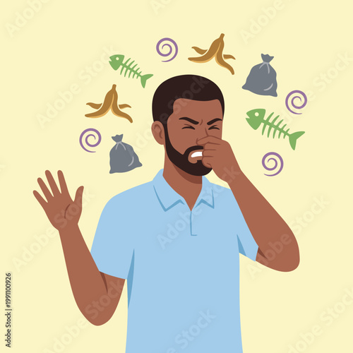 A man grimaces and covers his nose due to an unpleasant smell, highlighting emotions of disgust and the human reactions to sensory experiences that can inform daily life.