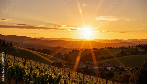 Breathtaking Sunset Over Rolling Hills with Vibrant Vineyards and Scenic Landscape Capturing Tranquil Beauty of Nature in the Golden Light of Evening Sky