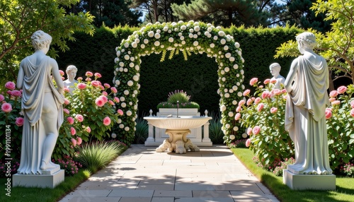 Elegant Garden Pathway Adorned with Marble Statues and a Floral Arch Surrounded by Lush Greenery and Vibrant Blossoms Under a Clear Sky