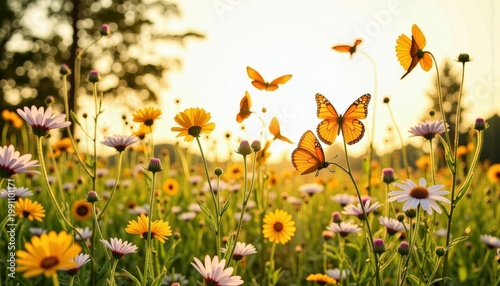 Vibrant Monarch Butterflies Gracefully Fluttering Amidst a Blooming Field of Wildflowers at Sunrise, Creating a Captivating and Serene Natural Landscape