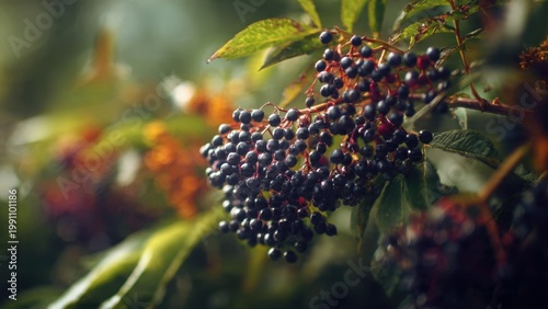 Cluster of Elderberries on Bush