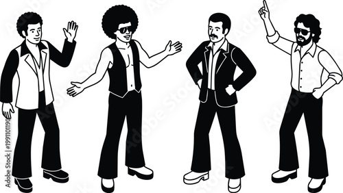 Retro 70s disco men with afros platform shoes singing and dancing in black and white