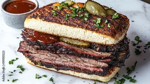 Premium thick-cut brisket sandwich with caramelized bark pickles and fresh herbs on artisan sourdough bun with barbecue sauce for gourmet restaurant dining
