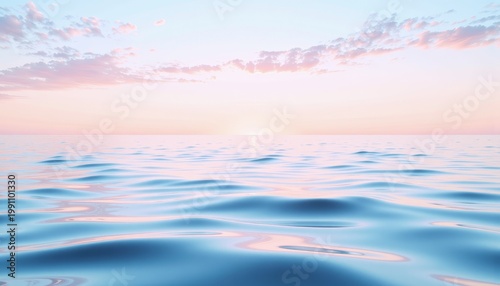 Serene Ocean Horizon Under a Pastel Sky at Sunrise with Gentle Rippling Waves and Soft Pink and Blue Clouds Reflecting on Calm Sea Waters