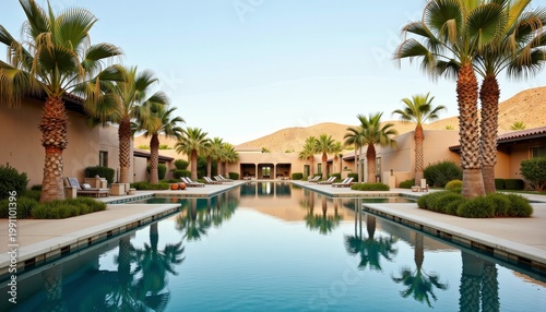 Tranquil Outdoor Pavilion with Palm Trees and a Long Serene Pool Reflecting a Clear Sky, Enclosed by Modern Architecture in a Desert Landscape