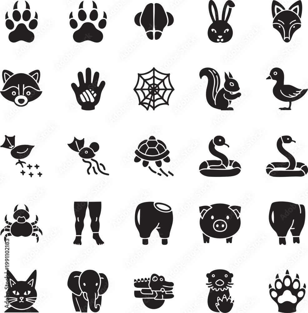 Obraz premium Collection of various animal footprints, paws, and silhouettes, icons for design