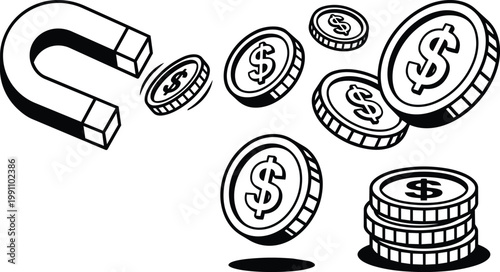 Black and white line art magnet attracting dollar coins and stacked coins vector illustration