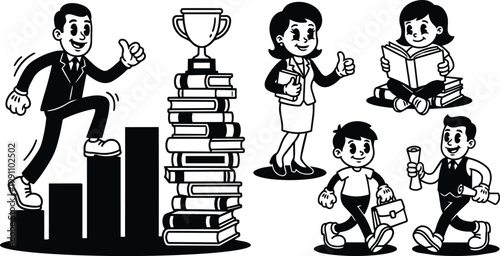 Vintage black and white cartoon graduation characters with books trophy diploma and bar chart achievement