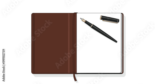 A sophisticated brown leather notebook lies open on a clean white surface with a classic black fountain pen and its cap resting on the blank pages.