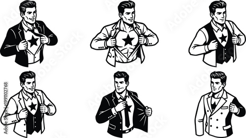 Six black and white star chest businessmen tearing shirts in retro vector line art