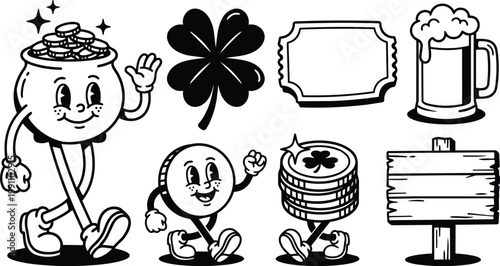 St patrick day retro cartoon pot of gold character walking with shamrock and beer mug black and white