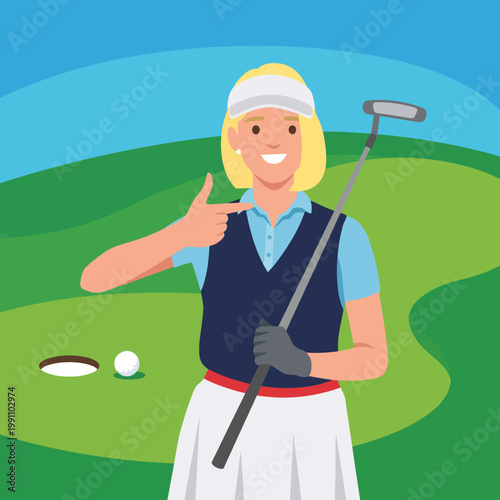 A smiling woman stands confidently on a lush golf course, ready to swing, representing joy, sport, and achievement in an uplifting outdoor environment.