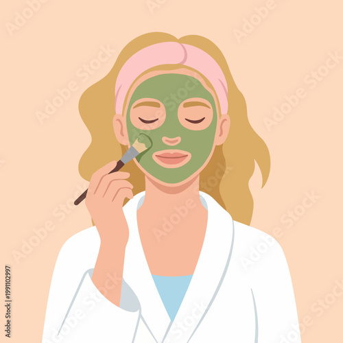 A woman enjoys a relaxing moment applying a green facial mask, highlighting self-care practices in a serene and soft-toned atmosphere focused on beauty and wellness.