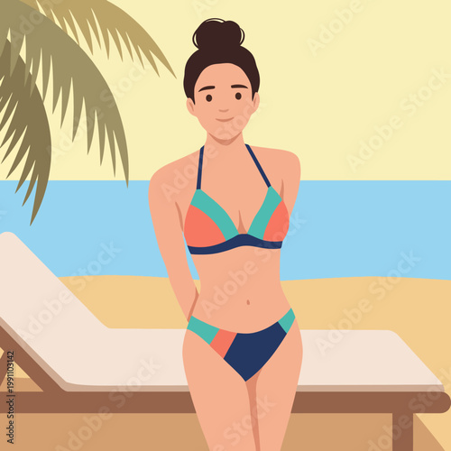 A confident woman posing in a stylish bikini on a sunny beach, embodying summer vibes and celebration of body positivity through fashion and leisure.