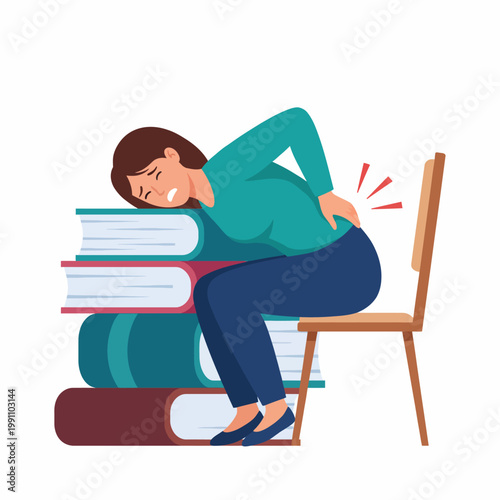 This illustration depicts a woman in discomfort due to back pain while sitting awkwardly on a stack of books, highlighting the importance of ergonomic seating and health.
