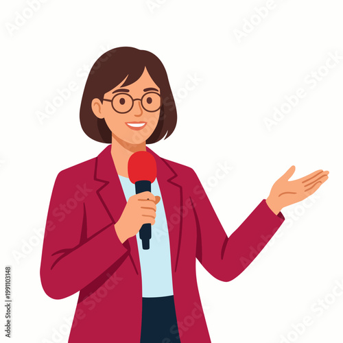 A confident woman stands on stage speaking into a microphone, representing empowerment, public speaking, and the importance of communication in advocating ideas.