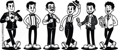 Retro cartoon six men characters line art walking poses black and white