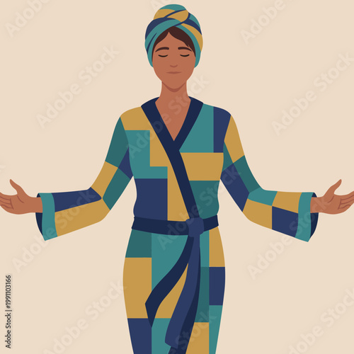 A tranquil illustration of a woman in a patterned robe and turban, exuding a sense of calm and relaxation, symbolizing wellness and self-care in a serene environment.