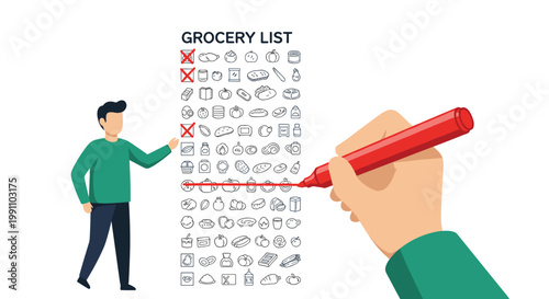 A person stands beside a comprehensive grocery list while a large hand uses a red marker to cross off specific food items on a white background surface.