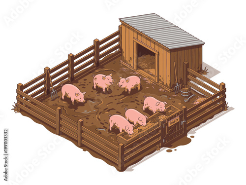 Enclosure fencing troughs muddy wooden feeding pigsty scene pigs vector