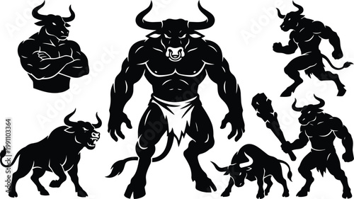 Black and white minotaur set with bulls in muscular silhouettes and horned poses