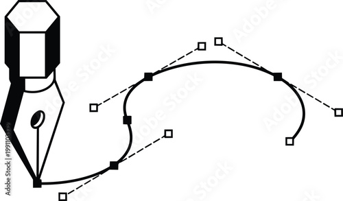 Pen nib with bezier curve and anchor points vector line art black and white