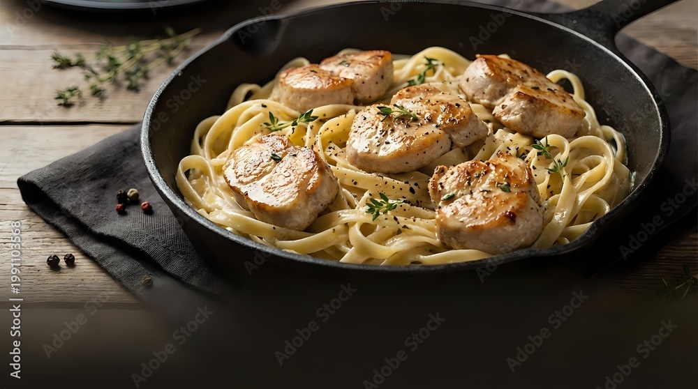 Fototapeta premium Pan-seared scallops with creamy pasta in cast iron skillet, garnished with fresh herbs and black pepper for gourmet seafood dining experience.