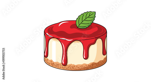 A delicious miniature cheesecake with a golden graham cracker crust and vibrant red strawberry glaze sits elegantly topped with a single fresh green mint leaf.