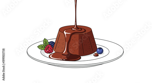 Rich dark chocolate sauce flows smoothly over a warm molten lava cake garnished with fresh raspberries and blueberries on a simple white ceramic plate.