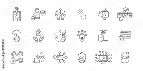 security icons set. sensor, secured, encryption, protection, insurance, safety and more. simple line vector illustration