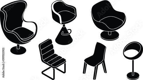 Black and white midcentury chair set with egg swivel lounge bar and cantilever seats vector art