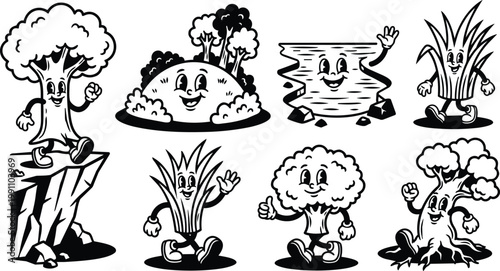 Retro black and white cartoon walking trees grass mound and smiling river characters