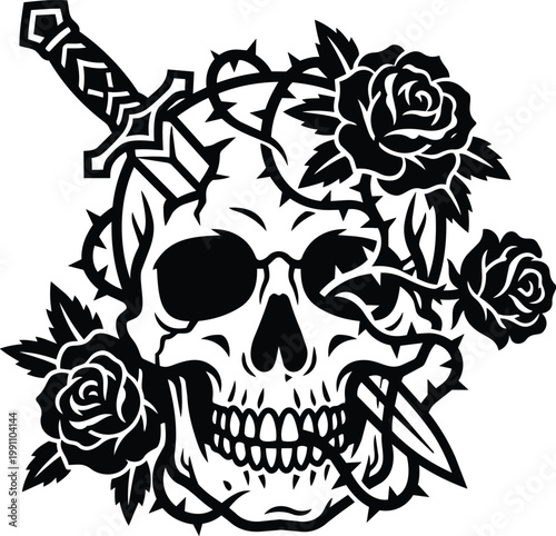 Black and white skull with dagger piercing crown and roses vector art
