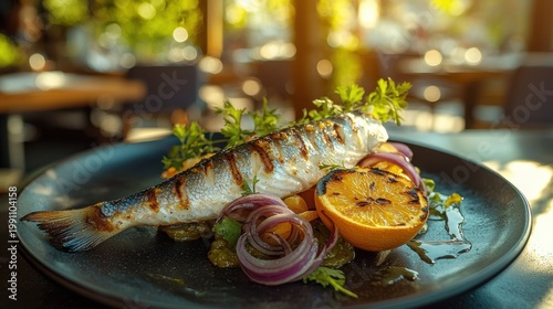 Fish zarandeado Mexican grilled seafood with charred orange halves, red onion garnish and fresh herbs on dark ceramic plate in upscale restaurant